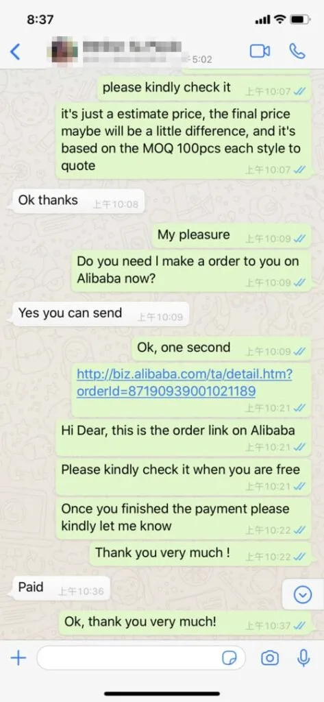 A screenshot of a WhatsApp chat showing a conversation about ordering products on Alibaba. The chat includes a discussion of pricing, sending a link, and confirming payment.