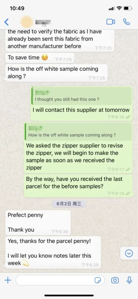 A screenshot of a text conversation discussing fabric samples and zipper revisions with mentions of parcels and updates. Messages include emojis and timestamps.