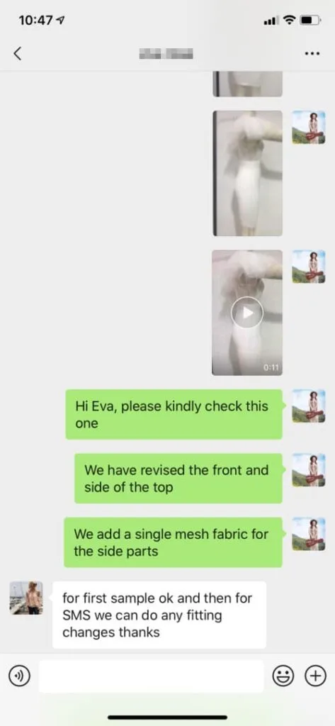 A screenshot of a chat conversation showing images of a garment. Text messages discuss revisions to the front and side of a top, mentioning adding mesh fabric. A response agrees to review and suggests possible fitting changes.